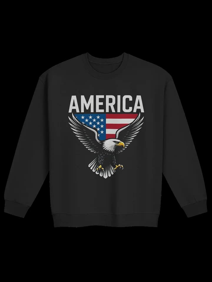 Black crewneck sweatshirt with a bald eagle in front of an American flag shield under the word AMERICA