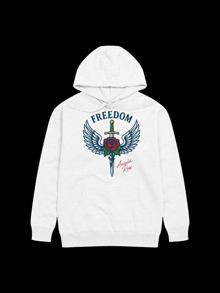 White hoodie with the FREEDOM winged sword and red rose design, signed Angela Rose