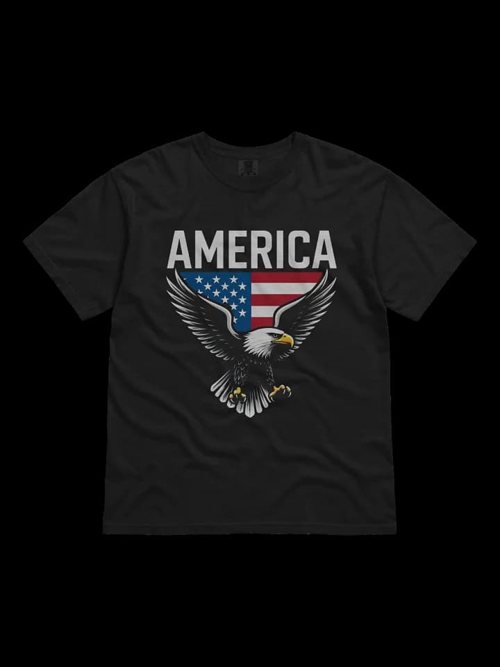 Black T-shirt with a bald eagle in front of an American flag shield under the word AMERICA